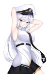  1girl armpits arms_up azur_lane bangs bare_shoulders black_neckwear black_skirt blush breasts collared_shirt commentary_request enterprise_(azur_lane) eyebrows_visible_through_hair hair_between_eyes hat head_tilt highres koro_(tyunnkoro0902) large_breasts long_hair looking_at_viewer military_hat necktie peaked_cap pleated_skirt shirt silver_hair simple_background skirt sleeveless sleeveless_shirt solo very_long_hair violet_eyes white_background white_hat white_shirt 