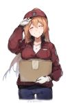 1girl artist_request blush box breast_rest breasts breasts_on_box brown_hair chinese_commentary closed_eyes commentary_request cosplay girls_frontline grin hat hataraku_saibou highres jacket long_hair m1903_springfield_(girls_frontline) medium_breasts package red_blood_cell_(hataraku_saibou) red_blood_cell_(hataraku_saibou)_(cosplay) smile solo standing thigh_gap 