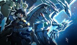  1boy belt black_hair black_pants black_shirt blue_jacket brown_belt brown_gloves clenched_hands dappled_sunlight dragon duel_disk duel_monster elbow_gloves elbow_pads facial_mark facing_to_the_side fudo_yusei gloves grey_eyes highres jacket looking_to_the_side night night_sky open_clothes open_jacket open_mouth outstretched_arm own_hands_together pants patch popped_collar roaring shirt shooting_majestic_star_dragon shoulder_pads shoulder_patch signature sky sleeveless sleeveless_shirt smile sparkle spiky_hair stardust_dragon sunlight vincent_graphic_art wind yu-gi-oh! yu-gi-oh!_5d's 