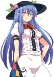  1girl =3 arm_at_side black_hat blue_eyes breasts center_frills eyebrows_visible_through_hair food fruit hair_between_eyes hand_on_hip hat hinanawi_tenshi long_hair looking_at_viewer medium_breasts neck_ribbon peach puffy_short_sleeves puffy_sleeves red_neckwear ribbon short_sleeves simple_background smile smug solo taishi_(moriverine) touhou v-shaped_eyebrows very_long_hair white_background 