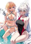  2girls :d absurdres adapted_costume ahoge aqua_legwear arm_support bangs bare_legs bare_shoulders black-framed_eyewear black_swimsuit blonde_hair blue_eyes blush breasts cleavage collarbone competition_swimsuit covered_navel embarrassed eyebrows_visible_through_hair eyewear_removed fate/grand_order fate_(series) gloves grey_hair hair_between_eyes hand_on_own_chest high_ponytail highleg highleg_swimsuit highres holding holding_eyewear jeanne_d&#039;arc_(alter_swimsuit_berserker) jeanne_d&#039;arc_(fate)_(all) jeanne_d&#039;arc_(swimsuit_archer) large_breasts legs_crossed long_hair looking_away looking_down multiple_girls navel nose_blush o-ring o-ring_bikini o-ring_bottom o-ring_top one-piece_swimsuit open_mouth pale_skin ponytail pool poolside round_teeth scan simple_background single_thighhigh sitting smile soaking_feet stomach sweat swimsuit teeth thigh-highs thigh_strap upper_teeth v-shaped_eyebrows very_long_hair water white_background white_gloves yang-do 