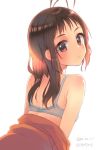  1girl alternate_hairstyle antenna_hair bra brown_eyes brown_hair commentary_request dated from_behind hair_down kantai_collection koruri looking_at_viewer looking_back naka_(kantai_collection) orange_shirt shirt simple_background solo twitter_username underwear white_background white_bra 