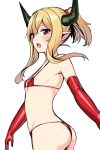  1girl :o ass bikini blonde_hair blush brave_girl_ravens elbow_gloves flat_chest gloves horns horosuke_(toot08) looking_at_viewer pointy_ears ponytail red_bikini red_eyes red_gloves short_ponytail sidelocks simple_background solo standing swimsuit upper_body white_background 