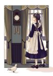  1girl apron arms_at_sides bangs bird blue_dress blunt_bangs blush brown_eyes brown_hair clock closed_mouth commentary_request curtains day dress frilled_apron frills from_behind full_body highres indoors kashiwagi_chisame legs_apart long_hair long_sleeves looking_at_clock maid maid_headdress original outside_border pendulum_clock profile purple_footwear ribbon shadow shoes solo standing sunlight twintails white_apron white_legwear white_ribbon window 