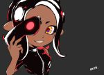  1girl agent_8 black_hair cosplay dark_skin highres holding kinagi_(3307377) looking_at_viewer mask nintendo octarian octoling open_mouth pointy_ears simple_background smile solo splatoon splatoon_2 splatoon_2:_octo_expansion takozonesu takozonesu_(cosplay) tentacle_hair upper_body yellow_eyes 