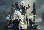  4girls aiming_at_viewer android black_dress blue_eyes braid breasts chains cleavage cleavage_cutout commentary dress drone english_commentary floating_swords hair_over_one_eye headband highres holding holding_weapon huge_weapon katana lips mechanical_arms multiple_girls nier_(series) nier_automata nose pale_skin paul_remy pod_(nier_automata) pointing pointing_at_viewer ponytail robot_joints short_dress short_hair single_braid small_breasts spiky_hair sword weapon weapon_on_back what_if white_hair yorha_type_a_no._2 