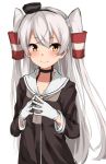  1girl amatsukaze_(kantai_collection) bangs black_choker black_hairband blush brown_dress brown_eyes brown_neckwear choker closed_mouth collarbone commentary_request dress eyebrows_visible_through_hair gloves hair_between_eyes hair_tubes hairband hands_up highres kantai_collection kohakope lifebuoy long_hair looking_at_viewer sailor_collar sailor_dress silver_hair simple_background smile smokestack solo steepled_fingers tilted_headwear two_side_up upper_body very_long_hair white_background white_gloves white_sailor_collar windsock 