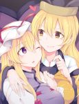  2girls arm_around_shoulder bangs black_hat blonde_hair bow breasts commentary_request detached_sleeves eyebrows_visible_through_hair hair_between_eyes hair_bow hand_on_another&#039;s_shoulder hand_up hat hat_ribbon heart highres juliet_sleeves large_breasts long_hair long_sleeves looking_at_another matara_okina mob_cap multiple_girls one_eye_closed parted_lips puffy_sleeves red_bow red_ribbon ribbon sidelocks smile sweat tabard tama_(soon32281) touhou upper_body white_hat wide_sleeves yakumo_yukari yellow_eyes yuri 