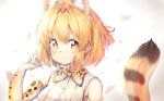  absurdres animal_ear_fluff animal_ears animal_ears_(artist) bare_shoulders blonde_hair blush bow commentary_request elbow_gloves extra_ears eyebrows_visible_through_hair gloves hand_in_hair highres kemono_friends multicolored_hair serval_(kemono_friends) serval_ears serval_print serval_tail short_hair sleeveless tail upper_body yellow_eyes 