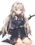  1girl agrt an-94 an-94_(girls_frontline) aqua_eyes assault_rifle bangs belt belt_pouch black_footwear black_gloves black_hairband black_jacket black_vest blush closed_mouth commentary_request eyebrows_visible_through_hair face_mask girls_frontline gloves grey_hair gun hair_ornament hairband hand_under_clothes highres jacket jacket_on_shoulders knife long_hair long_sleeves looking_at_viewer mask mask_around_neck open_clothes open_vest pouch rifle shiny shiny_hair short_shorts shorts simple_background sitting solo thigh_strap v-shaped_eyebrows very_long_hair vest wariza weapon weapon_on_back white_background white_shorts 