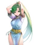  1girl cute earrings fingerless_gloves fire_emblem fire_emblem:_rekka_no_ken fire_emblem_heroes gloves green_eyes green_hair high_ponytail highres intelligent_systems jewelry long_hair looking_at_viewer lyndis_(fire_emblem) miwabe_sakura moe nintendo pelvic_curtain ponytail side_slit solo 
