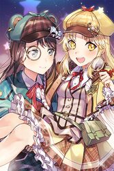  2girls :d aqua_capelet aqua_skirt badge bag bang_dream! bangs bear_hat black_hair blonde_hair blue_eyes bow brown_skirt button_badge capelet carrying deerstalker detective frilled_capelet frilled_sleeves frills grey_eyes hat hat_bow hat_ornament holding long_hair looking_at_another looking_at_viewer magnifying_glass monocle multiple_girls neck_ribbon night okusawa_misaki open_mouth plaid pleated_skirt princess_carry red_neckwear ribbon round_teeth skirt smile sparkle star star_hat_ornament teeth tiny_(tini3030) tsurumaki_kokoro upper_teeth v-shaped_eyebrows yellow_eyes 