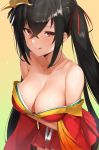  1girl azur_lane bangs bare_shoulders black_hair blush breast_hold breasts cleavage closed_mouth collarbone crossed_bangs gradient gradient_background hair_between_eyes hair_ribbon highres japanese_clothes kimono large_breasts licking_lips long_hair looking_at_viewer mask mask_on_head nnoelllll off_shoulder red_eyes red_kimono red_ribbon ribbon smile solo taihou_(azur_lane) tied_hair tongue tongue_out twintails very_long_hair wide_sleeves yellow_background 