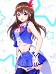  1girl :d armpit_peek arms_at_sides bangs bare_arms bare_shoulders blue_eyes blue_legwear blue_ribbon blue_skirt blue_vest bow bowtie breasts brown_hair buttons collared_shirt contrapposto cowboy_shot crop_top hair_between_eyes hair_bow hair_flaps hair_ornament leg_ribbon long_hair looking_at_viewer medium_breasts midriff mikannsisyou miniskirt navel open_clothes open_mouth open_vest pleated_skirt red_neckwear ribbon shirt sidelocks simple_background skirt sleeveless sleeveless_shirt smile solo standing star star_hair_ornament starry_background thigh-highs tokino_sora tokino_sora_channel vest virtual_youtuber white_background white_shirt wing_collar wrist_cuffs zettai_ryouiki 