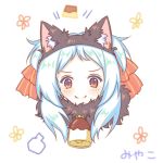  1girl animal_ear_fluff animal_ears bangs bell black_hairband blue_hair blush bow cat_ears closed_mouth fake_animal_ears food forehead fur_collar hair_bow hairband izumo_miyako long_hair parted_bangs portrait princess_connect! princess_connect!_re:dive pudding red_bow red_eyes sakurato_ototo_shizuku signature simple_background smile solo striped striped_bow visible_air white_background 