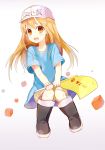  1girl :d absurdres black_footwear blonde_hair blue_shirt boots brown_eyes character_name flag floating_hair full_body hair_between_eyes hat hataraku_saibou highres holding holding_flag long_hair looking_at_viewer open_mouth platelet_(hataraku_saibou) shirt short_sleeves shorts simple_background smile solo tsukasa_(pixiv34617881) white_background white_hat yellow_shorts 