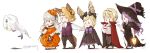  2boys 3girls animal_ears basket black_bow black_dress black_pants blonde_hair bow brother_and_sister brothers camilla_(fire_emblem_if) cape circlet dress elise_(fire_emblem_if) fake_animal_ears fake_tail female_my_unit_(fire_emblem_if) fire_emblem fire_emblem_if hair_bow hair_over_one_eye hairband halloween_costume hat lantern leon_(fire_emblem_if) lilith_(fire_emblem_if) long_hair long_sleeves marks_(fire_emblem_if) multicolored_hair multiple_boys multiple_girls my_unit_(fire_emblem_if) nintendo open_mouth pants pointy_ears purple_hair robaco short_hair siblings simple_background sisters standing tail twintails twitter_username white_background white_hair witch_hat 