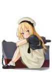  1girl absurdres black_footwear blonde_hair blue_eyes blue_sailor_collar chains dress full_body gloves gom_(kooskoo) hat highres jervis_(kantai_collection) kantai_collection leg_hug looking_at_viewer machinery mary_janes sailor_collar sailor_dress sailor_hat shoes short_sleeves simple_background sitting solo white_background white_dress white_gloves white_hat 