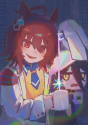  2girls agnes_tachyon_(tach-nology)_(umamusume) agnes_tachyon_(umamusume) ahoge animal_ears black_coat black_gloves black_hair blush brown_hair chemical_structure coat coffee_mug collared_shirt cup earrings gloves hair_between_eyes highres holding holding_cup holding_test_tube horse_ears horse_girl jewelry lab_coat long_hair long_hair_between_eyes long_sleeves manhattan_cafe_(creeping_shadow)_(umamusume) manhattan_cafe_(umamusume) mug multiple_girls necktie open_mouth pouring red_eyes shirt short_necktie single_earring sleeves_past_fingers sleeves_past_wrists smile snorezu sweater sweater_vest test_tube umamusume white_coat yellow_eyes yellow_necktie yellow_sweater yellow_sweater_vest 