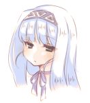  1girl bangs blue_hair closed_mouth copyright_request eyebrows_visible_through_hair green_eyes hairband long_hair looking_at_viewer neck_ribbon portrait purple_hairband purple_ribbon ribbon sakurato_ototo_shizuku simple_background solo white_background 