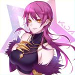  1girl bare_shoulders breasts doming evelynn hair_ornament hand_on_own_chest highres jewelry k/da-evelynn league_of_legends lipstick long_hair makeup necklace orange_eyes purple_hair smile solo upper_body 