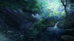  dappled_sunlight day forest grass highres kojomi_(7j543) landscape moss nature no_humans official_art original outdoors plant river roots scenery stone sunlight tree 