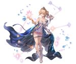  1girl blonde_hair blue_eyes boots breasts bug butterfly cape cleavage dress europa_(granblue_fantasy) flower granblue_fantasy hair_flower hair_ornament insect minaba_hideo official_art short_dress short_hair smile sparkle strapless strapless_dress tiara veil 