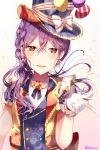 1girl alternate_hairstyle balloon bang_dream! bangs blush braid brooch crossed_bangs earrings eyebrows_visible_through_hair gloves hair_between_eyes hat hat_ribbon highres index_finger_raised jewelry long_hair looking_at_viewer multicolored multicolored_clothes open_mouth ponytail purple_hair red_eyes ribbon seta_kaoru short_sleeves smile solo sparkle striped striped_ribbon taya_5323203 top_hat twitter_username upper_body v-shaped_eyebrows vest white_gloves