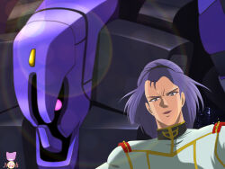  1980s_(style) 1boy absurdres gundam hairband highres long_hair looking_at_viewer machinery mecha medal messala military_uniform mobile_suit nyahoekaki1 one-eyed open_mouth paptimus_scirocco portrait purple_hair retro_artstyle robot science_fiction signature titans_(gundam) upper_body zeta_gundam 