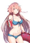  1girl bare_arms bare_shoulders bikini blue_bikini blush breasts brown_hair can cleavage coca-cola coke commentary_request cowboy_shot flower front-tie_bikini front-tie_top girls_frontline hair_flower hair_ornament holding holding_can innertube long_hair looking_at_viewer medium_breasts navel ntw-20_(girls_frontline) parted_lips red_eyes red_innertube simple_background soda solo standing striped striped_bikini swimsuit toki_(yoyobozi) very_long_hair white_background white_flower 