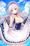  1girl absurdres apron arm_guards azur_lane bangs belfast_(azur_lane) bird blue_eyes blue_sky blush braid breasts chains cleavage closed_mouth clouds collar collarbone corset day dress dress_lift eyebrows_visible_through_hair french_braid frilled_gloves frills gloves head_tilt highres large_breasts lifted_by_self long_hair looking_at_viewer maid maid_headdress outdoors sidelocks silver_hair sky smile solo tokkyu_(user_mwwe3558) wading water_drop wet white_gloves 