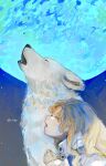  1girl absurdres artist_name brown_hair clenched_hands closed_eyes highres howling moon night orie_h original outdoors profile upper_body white_wolf wolf 