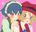  2girls blonde_hair blue_eyes blue_hair blush commentary_request creatures_(company) game_freak hair_between_eyes hand_on_another&#039;s_shoulder hat heart looking_at_another mashiba_(masiba88) millefeui_(pokemon) multiple_girls nintendo open_mouth pink_background pokemon pokemon_(anime) pokemon_(game) pokemon_xy red_eyes red_hat serena_(pokemon) short_hair smile spoken_heart yuri 
