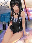  1girl asato_(fadeless) bang_dream! bangs beach black_hair black_swimsuit book breasts cleavage collarbone commentary_request cooler criss-cross_halter food halterneck hand_on_own_thigh highres innertube long_hair looking_at_viewer medium_breasts neck_ribbon one-piece_swimsuit onigiri ribbon shirokane_rinko sitting smile solo swimsuit thermos towel violet_eyes white_neckwear 