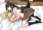 2girls aihara_mei aihara_yuzu black_hair black_legwear blonde_hair blush brown_skirt citrus_(saburouta) embarrassed from_side fujisaki_ribbon girl_on_top green_eyes green_vest hair_between_eyes highres incest indoors kneehighs leg_lock long_hair looking_at_viewer lying miniskirt multiple_girls off_shoulder on_back parted_lips pink_shirt pleated_skirt school_uniform shiny shiny_hair shirt short_sleeves skirt step-siblings sweatdrop vest violet_eyes white_shirt wooden_floor yuri