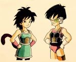  2girls armor armored_skirt bare_arms bare_shoulders black_eyes black_hair commentary_request dragon_ball earrings eyelashes frown gine gloves grin hand_on_hip happy jewelry lee_(dragon_garou) looking_at_viewer multiple_girls pink_shirt scouter see-through seripa shaded_face shirt short_hair simple_background sleeveless sleeveless_shirt smile standing tail upper_body white_background white_gloves wristband 