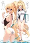  1girl absurdres ass blonde_hair blue_eyes collarbone fate/grand_order fate_(series) full_body glasses highres jeanne_d&#039;arc_(fate) jeanne_d&#039;arc_(fate)_(all) jeanne_d&#039;arc_(swimsuit_archer) long_hair looking_at_viewer multiple_views one-piece_swimsuit open_mouth sandals scan swimsuit water yang-do 