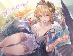  1girl :d blonde_hair blue_eyes breasts bug butterfly cape cleavage dress europa_(granblue_fantasy) flower granblue_fantasy hair_flower hair_ornament insect official_art open_mouth short_dress short_hair smile strapless strapless_dress tiara veil water wings 