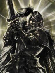  1boy armor ars_lycorys black_cape black_souls cape darkest_dungeon full_armor fur_cape gauntlets grimm_(black_souls) hands_up helmet highres holding holding_sword holding_weapon knight male_focus pauldrons shoulder_armor solo sword upper_body weapon 