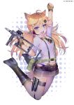  1girl animal_ears arm_up bangs black_footwear blonde_hair blue_eyes blush boots breasts brown_hair bushman_idw cat_ears cat_tail collared_shirt eyebrows_visible_through_hair fingerless_gloves full_body girls_frontline gloves gun hair_between_eyes hair_ornament hairclip hanato_(seonoaiko) hand_up headset highres holding holding_gun holding_weapon idw_(girls_frontline) jumping knee_boots long_hair looking_at_viewer low_twintails medium_breasts necktie open_mouth ribbon shirt short_shorts shorts smile solo submachine_gun suspenders tail thigh_strap twintails twitter_username weapon 