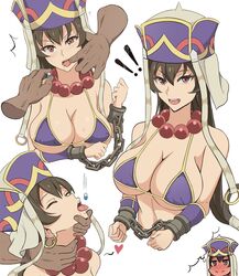  !! 1girl artist_request bangs bare_shoulders bead_necklace beads bikini bikini_top blush bound breasts brown_hair chains cleavage collarbone cuffs detached_sleeves disembodied_limb earrings fate/grand_order fate_(series) finger_in_mouth full-face_blush hair_between_eyes hat heart highres hoop_earrings jewelry large_breasts long_hair looking_at_viewer multiple_views necklace open_mouth pill prayer_beads purple_bikini shackles simple_background solo_focus swimsuit thought_bubble tongue tongue_out violet_eyes white_background xuanzang_(fate/grand_order) 