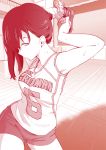 1girl armpits arms_behind_head bare_shoulders clothes_writing contrapposto gym_shorts indoors kujou_hyotarouo long_hair looking_at_viewer monochrome ponytail scrunchie shirt shorts sleeveless sleeveless_shirt solo sportswear ssss.gridman sweat takarada_rikka tying_hair volleyball_uniform wooden_floor 