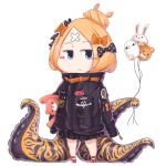  1girl abigail_williams_(fate/grand_order) balloon bangs black_bow black_jacket blonde_hair blue_eyes blush_stickers bow chibi closed_mouth commentary_request crossed_bandaids eyebrows_visible_through_hair fate/grand_order fate_(series) fou_(fate/grand_order) full_body hair_bow hair_bun heroic_spirit_traveling_outfit holding holding_balloon jacket long_hair long_sleeves medjed object_hug orange_bow oruhito_(kamekichi-9) parted_bangs polka_dot polka_dot_bow red_footwear sleeves_past_fingers sleeves_past_wrists solo standing stuffed_animal stuffed_toy suction_cups teddy_bear tentacle 