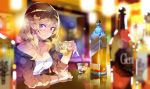  1girl alcohol bangs bar bare_shoulders blonde_hair blurry blurry_background blurry_foreground blush bottle breasts brown_jacket cleavage closed_mouth collarbone commentary_request cup depth_of_field dress drink eyebrows_visible_through_hair hand_up haruse_hiroki holding holding_cup ice ice_cube indoors jacket long_hair long_sleeves medium_breasts off_shoulder open_clothes open_jacket original reflection sitting smile solo strapless strapless_dress transparent violet_eyes watch watch white_dress 