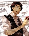  1boy alcohol bass_clef beamed_eighth_notes beamed_sixteenth_notes black_neckwear bowtie_removed brown_hair cup drinking_glass katsuragi_jun&#039;ichi mikann0206 musical_note quarter_note sakamichi_no_apollon sixteenth_rest smoking solo standing treble_clef upper_body vest wine wine_glass 