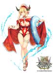  1girl bangs blonde_hair blush brave_girl_ravens breasts cleavage company_name full_body gem hair_up horns horosuke_(toot08) innertube jewelry large_breasts looking_at_viewer navel necklace official_art parted_bangs pointy_ears red_eyes red_swimsuit sandals solo swimsuit thighs water watermark 
