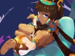  1girl armlet bangs blue_eyes blunt_bangs breasts brown_hair commentary_request dark_skin detached_sleeves dragalia_lost egyptian egyptian_clothes eyebrows_visible_through_hair from_above gorget hair_tubes headgear hima_hijiki legs_together looking_at_viewer looking_back lying nefaria on_back pillow pose see-through see-through_sleeves small_breasts solo 