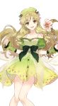  1girl :d atelier_(series) atelier_ayesha ayesha_altugle bare_legs blonde_hair bow brown_eyes cropped_legs dress flower green_bow green_dress green_hat hair_flower hair_ornament hat highres holding holding_wand knees_together long_hair looking_at_viewer nelke_to_densetsu_no_renkinjutsushi_tachi noco_(adamas) official_art open_mouth smile solo wand wrist_cuffs 