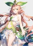  1girl absurdres arms_at_sides bare_shoulders blush breasts cleavage collarbone commentary_request cowboy_shot dress flower granblue_fantasy hair_between_eyes hair_ornament highres large_breasts leaf long_dress long_hair looking_at_viewer low_twintails navel navel_cutout open_mouth pink_hair plant_girl pointy_ears see-through simple_background solo thighs twintails umibouzu_(niito) very_long_hair yggdrasil_(granblue_fantasy) 