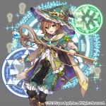  :d androgynous aqua_hat black_legwear boots brown_footwear brown_hair cape chains company_name green_eyes grey_background hat hat_chain holding holding_staff key keyhole knee_boots lock magic_circle official_art open_mouth rival_arena_vs short_hair smile solo staff standing takamiya_ren witch_hat 